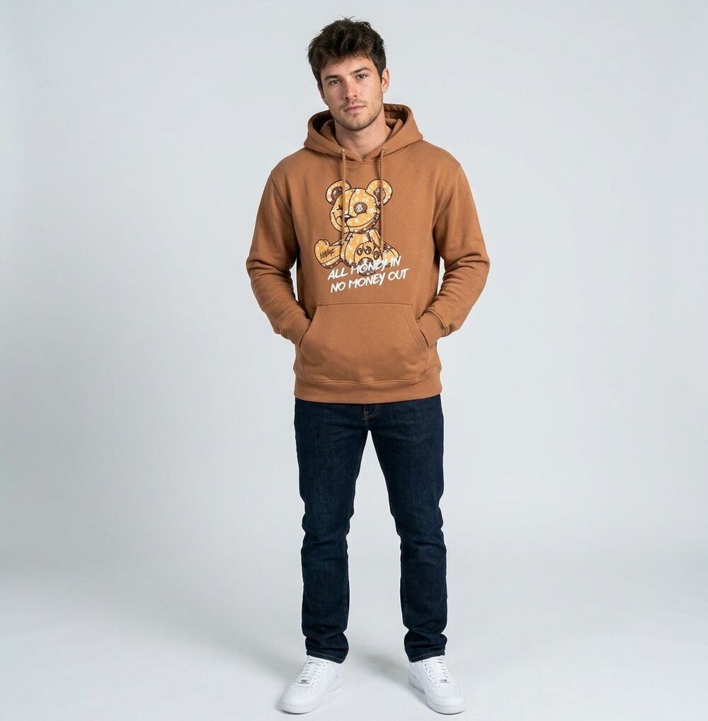 Knight All Money In No Money Out Teddy Bear Hoodie Men S Brown Fleece Streetwear
